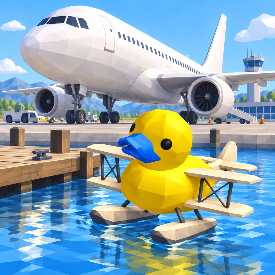 Bluebill floating beside a modern passenger plane at an airport