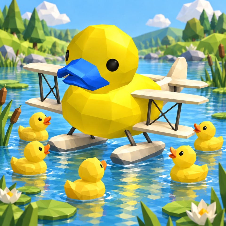 Bluebill on a pond surrounded by a flock of small yellow ducklings