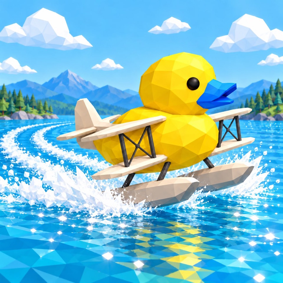 Bluebill racing across a bright mountain lake in a spray of water