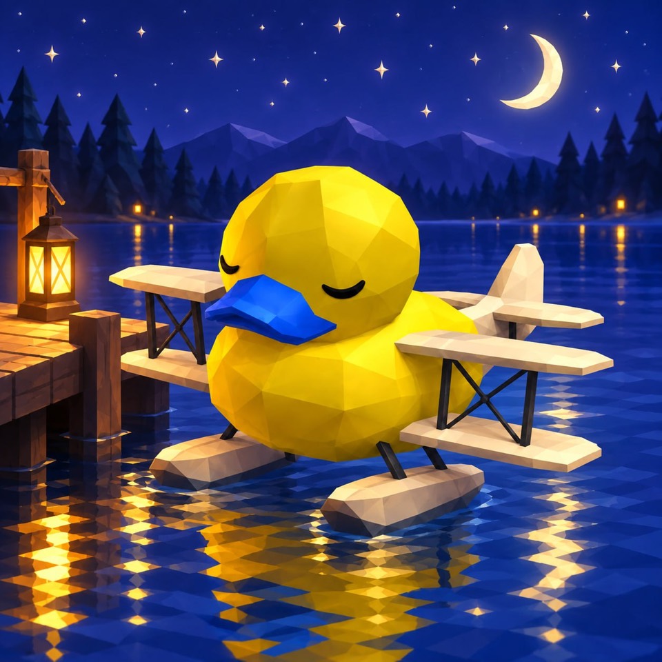 Bluebill resting beside a lantern-lit dock under the moon
