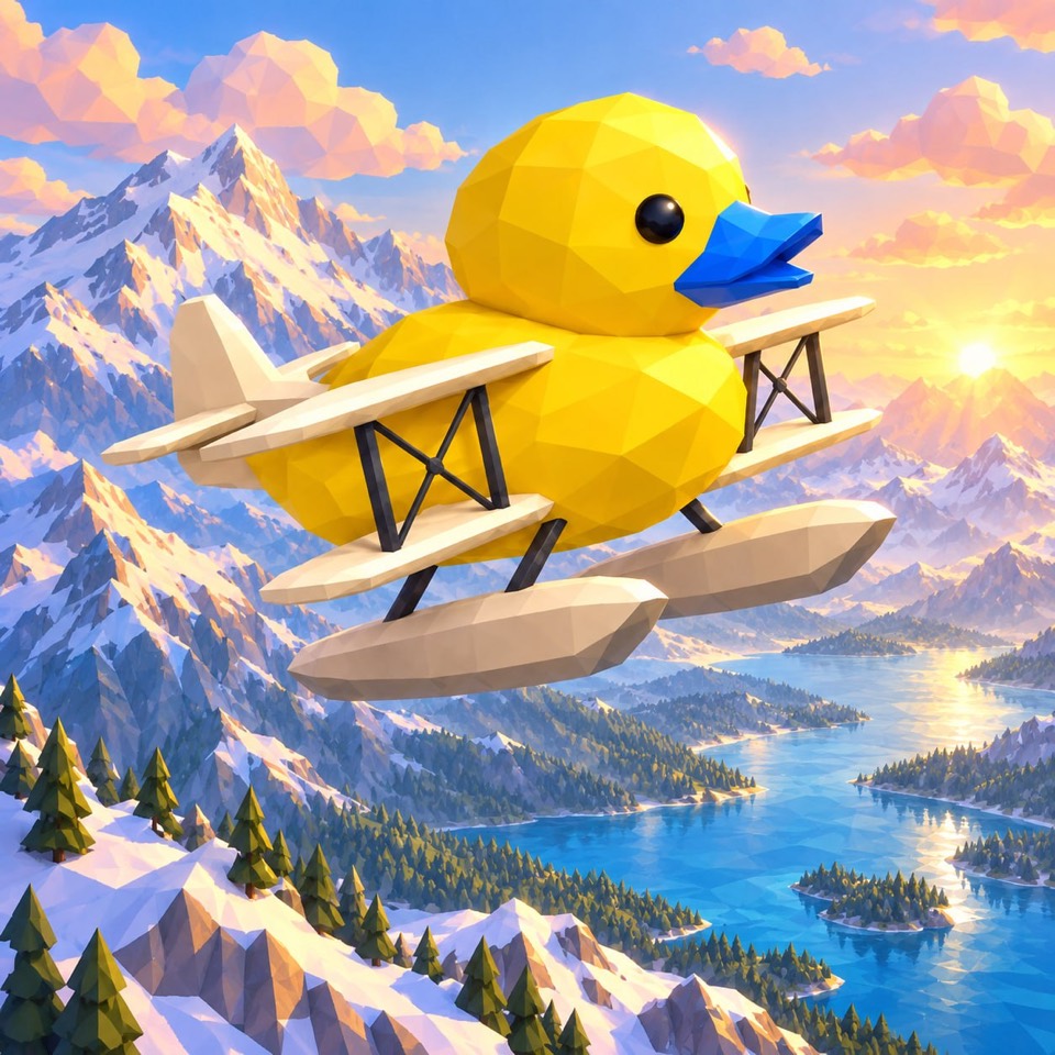 Bluebill flying over snowy mountains and blue lakes at sunset