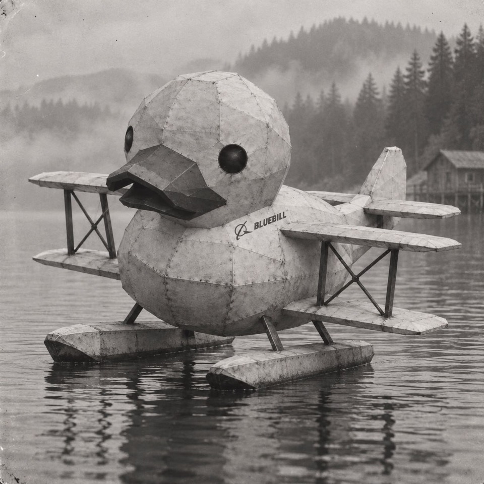 Black-and-white archival-style portrait of Bluebill on a misty lake
