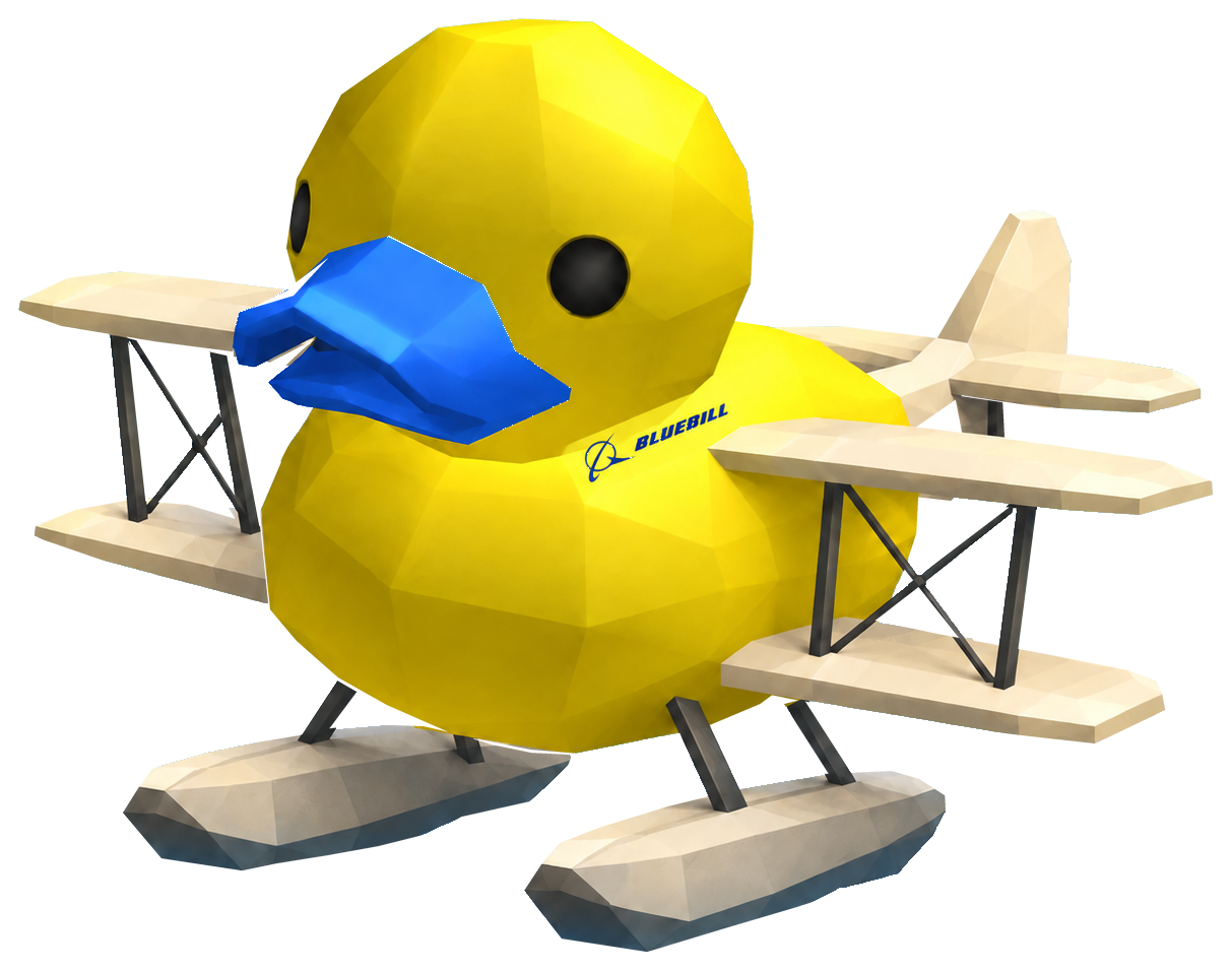 Bluebill: a round yellow duck-seaplane with an open cobalt bill, cream biplane wings, dark crossed struts and twin gray-bottomed floats