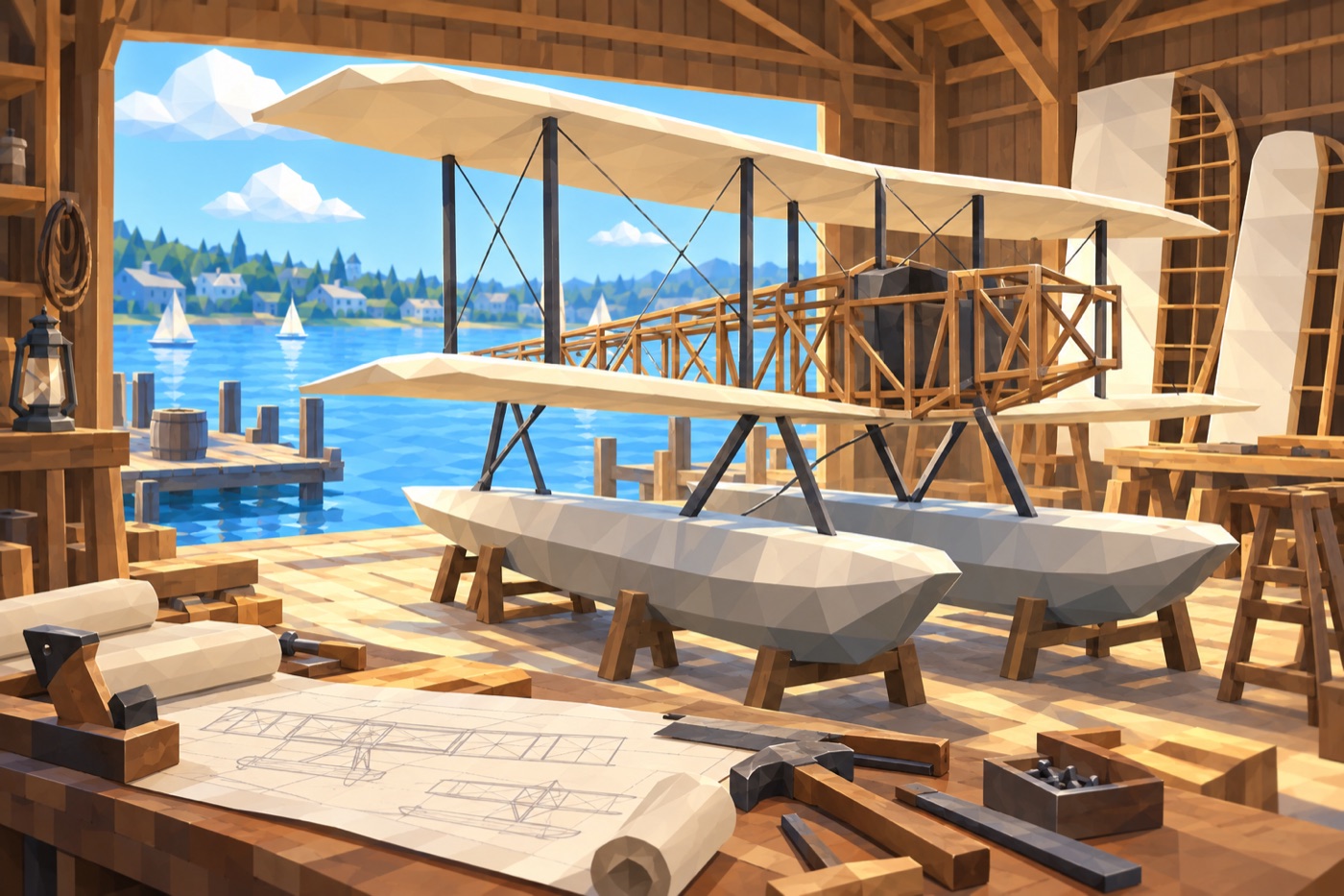 A wooden floatplane under construction inside a Lake Union workshop