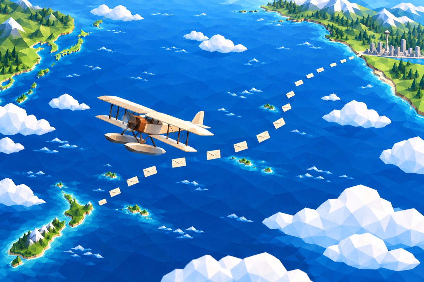 Low-poly map of a vintage floatplane following an envelope route across the Pacific