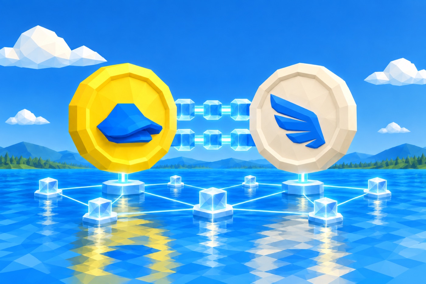 Two low-poly coin discs connected by a glowing network above a blue lake