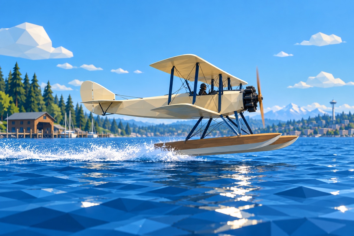 Low-poly 1916 biplane seaplane lifting above Lake Union beside a timber boathouse